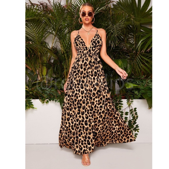 Rouge! Dresses & Skirts - Backless Cheetah Maxi Dress Criss Cross V-Neck